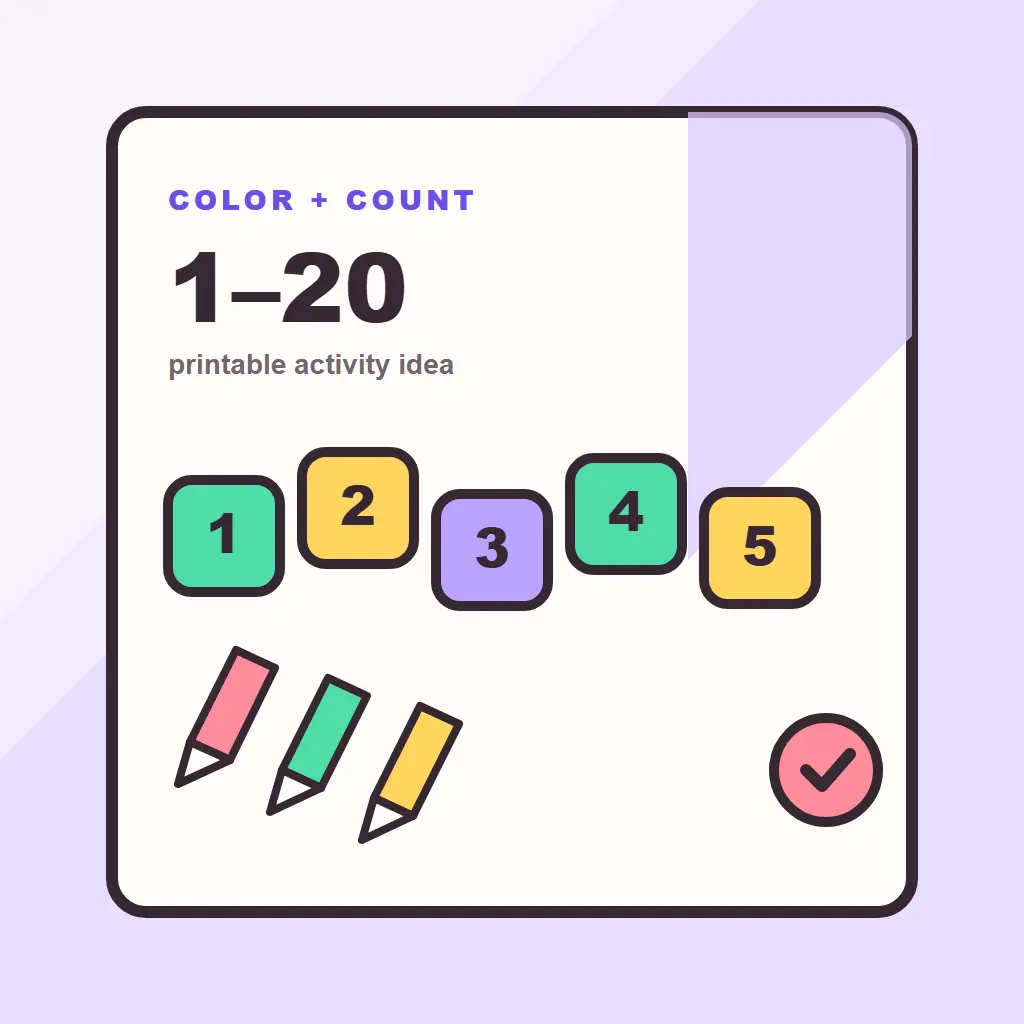 Illustrazione concettuale indipendente con blocchi numerici colorati, pastelli e un’idea di attività stampabile da 1 a 20