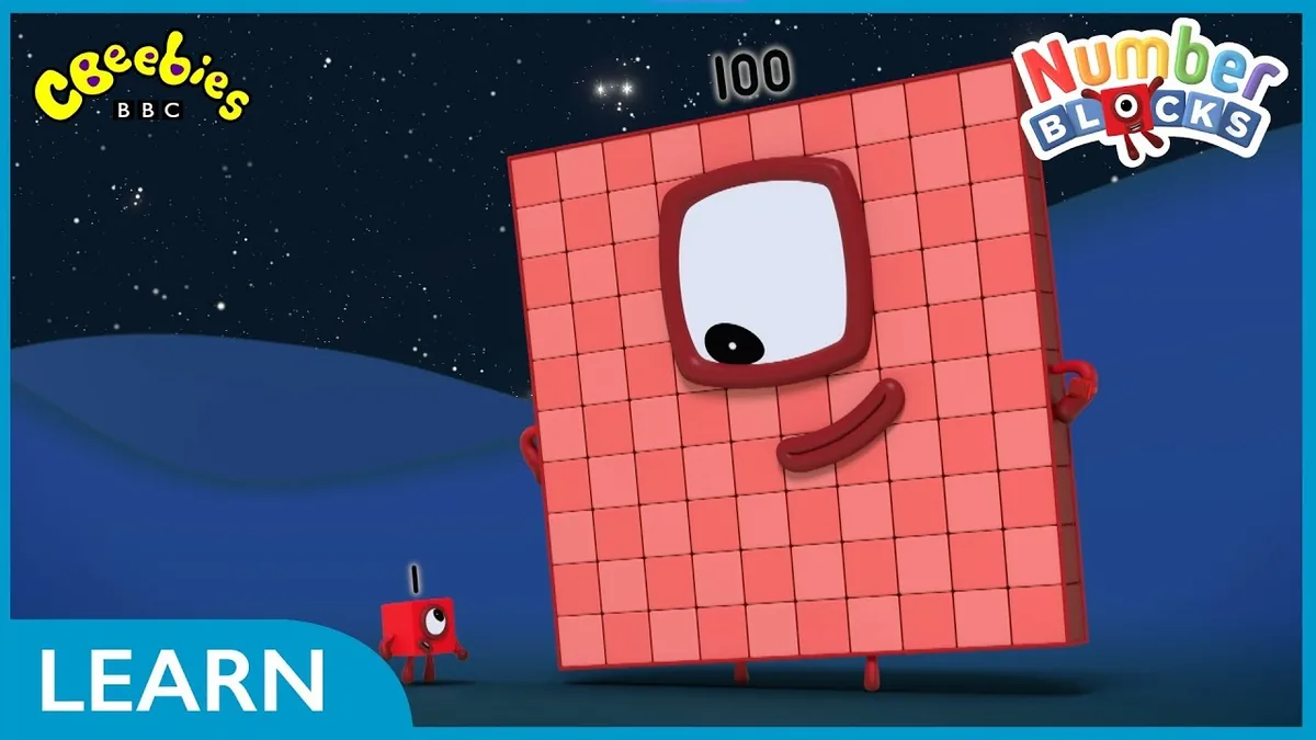 Vignette officielle CBeebies de Numberblocks montrant One Hundred sous la forme d’un grand personnage carré composé d’un motif de blocs 10 par 10